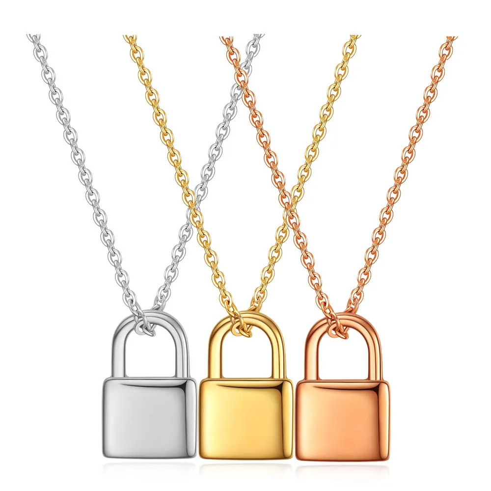 Collier Pendentif Cadenas Minimaliste en Acier Inoxydable 304 Plaqué Or 18K Fini Miroir Poli Chaîne Bijoux pour Femme