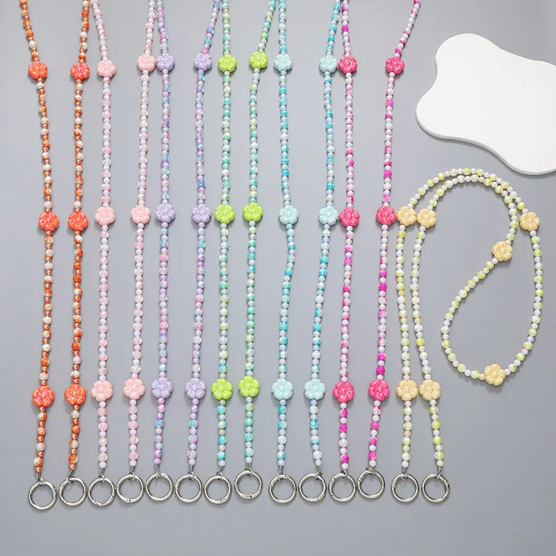 Handmade Beaded Flower Phone Strap Long Crossbody Acrylic Bead Lanyard Shoulder Chain Anti-Lost Phone Jewelry For Women