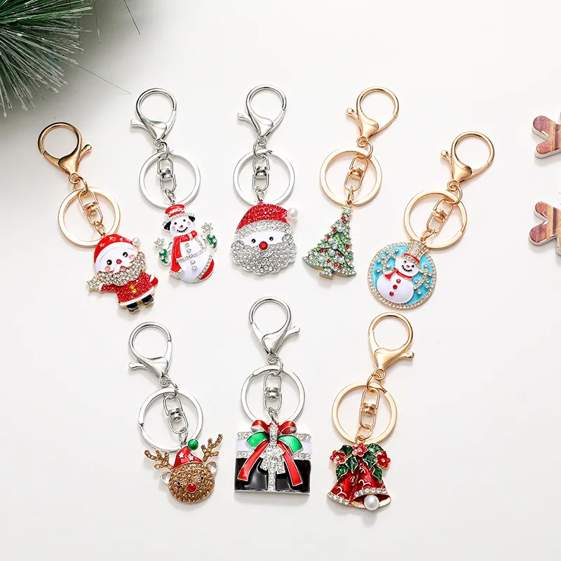 Porte-clés de Noël en Métal avec Strass Père Noël Bonhomme de Neige Renne Sapin de Noël Cloche Cadeau en Alliage