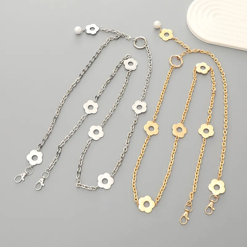 Elegant Metal Plum Blossom Crossbody Phone Strap Chain Gold Silver Alloy Link Chain With Faux Artificial Pearl Bag Accessories