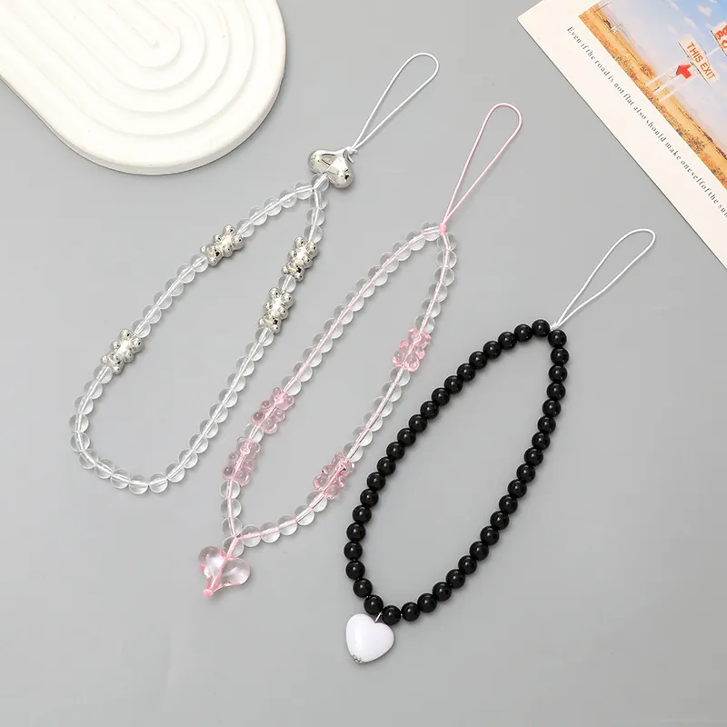 Lanière de Téléphone en Perles d'Acrylique Pendentif Ours Cœur Dragonne Anti-Perte Breloque de Mode pour Femmes Filles