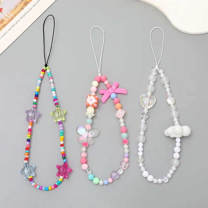 Dragonne de Téléphone en Perles Acryliques Anti-Perte Avec Charme Nœud Étoile Cœur pour Femmes Smartphones Bijoux Décoratifs Y2K