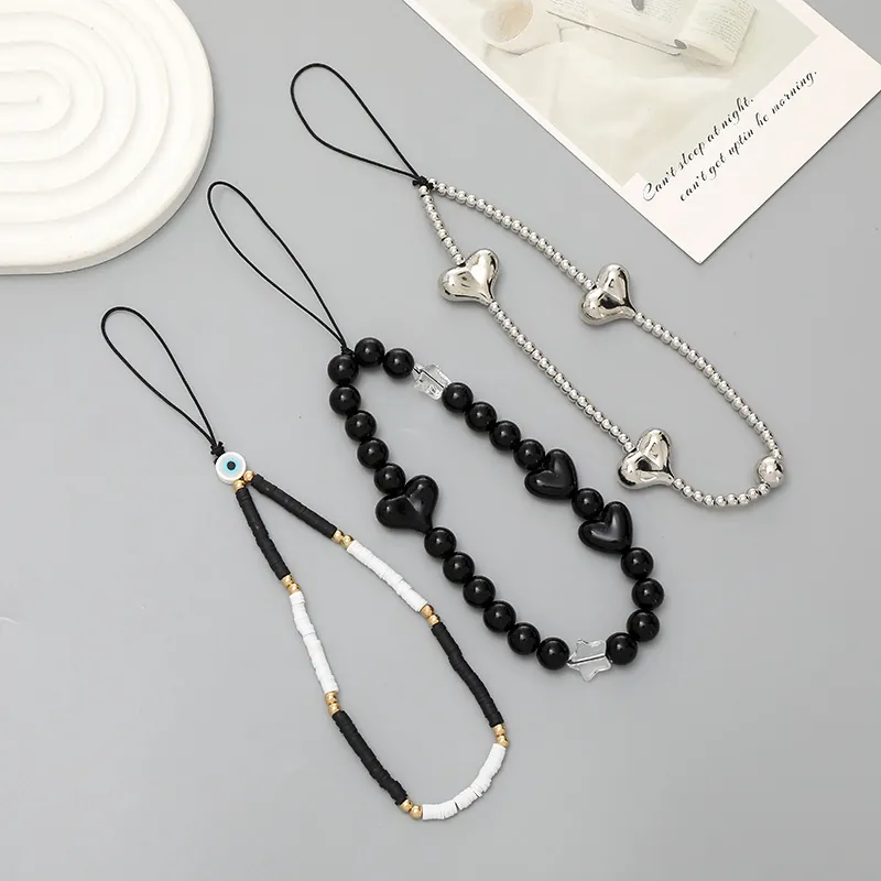 Handmade Beaded Phone Charm Strap With Heart Evil Eye Pendant Anti-Lost Wrist Lanyard For Women Girls Phone Case Decoration
