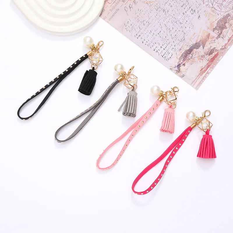Fashion Rivet Velvet Lanyard Phone Bag Charm With Faux Artificial Pearl Tassel Geometric Crystal Pendant Keyring For Women Jewelry