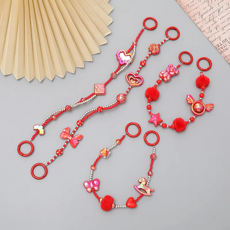 Ciondolo per Telefono con Perline Rosse Donna Acrilico Resina Cuore Fiocco Orso Pendente Borsa Portachiavi Gioielli Fatti a Mano