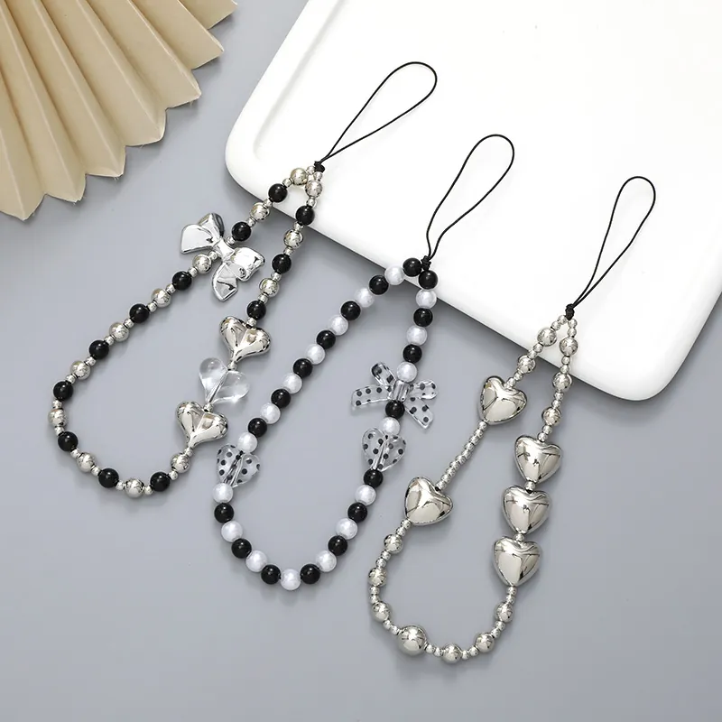 Alloy Plastic Beaded Phone Chain Heart Bowknot Polka Dot Charm Trendy Y2K Phone Strap Anti-drop Lanyard For Women Girl