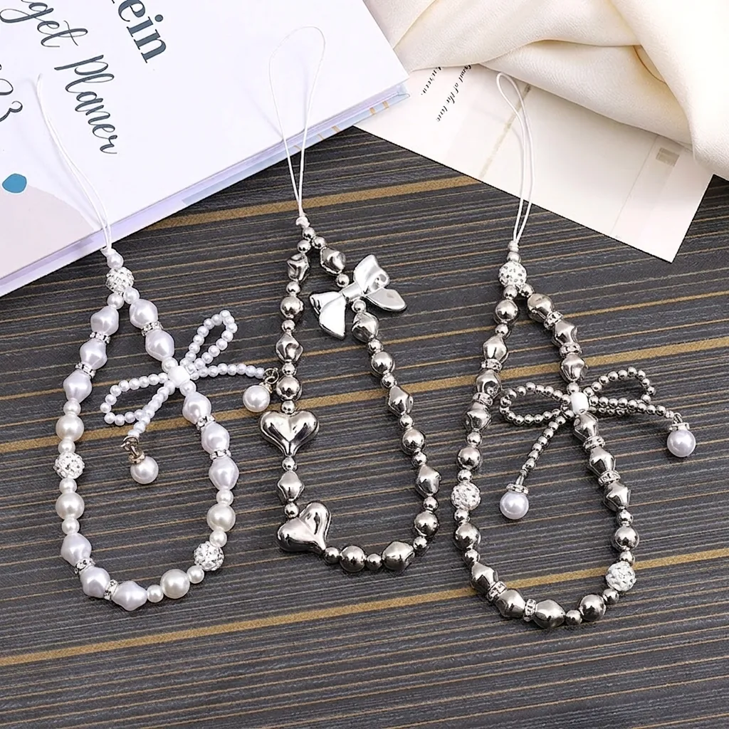 Fashion Beaded Phone Chain Lanyard Hand Strap For Women Girls Anti-Lost Case Charm With Artificial Pearl Bowknot Heart Pendant