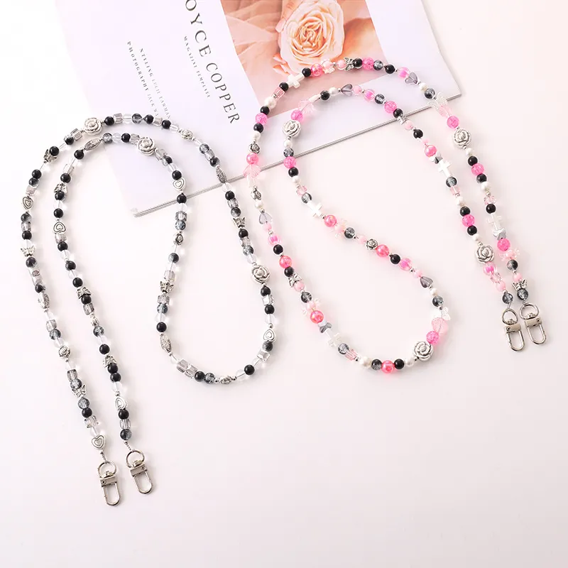 Cordon de Téléphone Perlé Vintage Chaîne Bandoulière Avec Perles Rose Fleur Coeur Croix Fait Main Mode pour Femme
