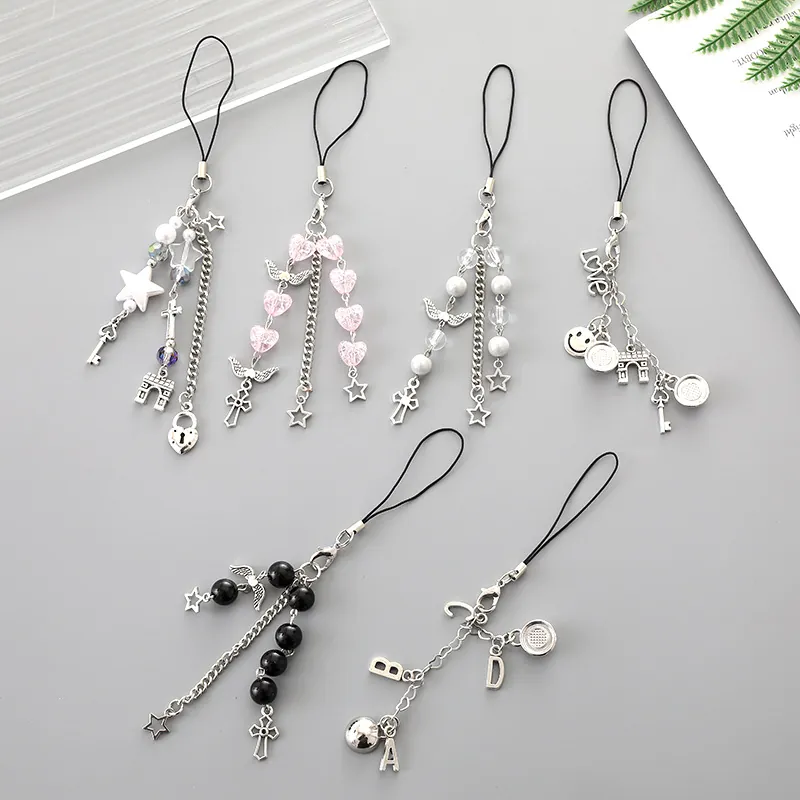 Heart Star Beaded Phone Lanyard Keychain Metal Alloy Link Chain Bag Charm With Artificial Pearl For Women Girls Gift