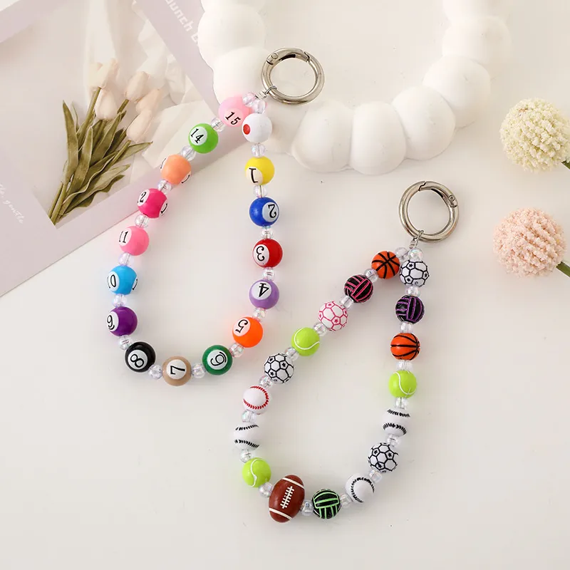 Porte-clés Perlé Multicolore Numéro Billard 1-15 Ballon de Sport Pendentif en Résine Acrylique pour Sac Étui de Téléphone