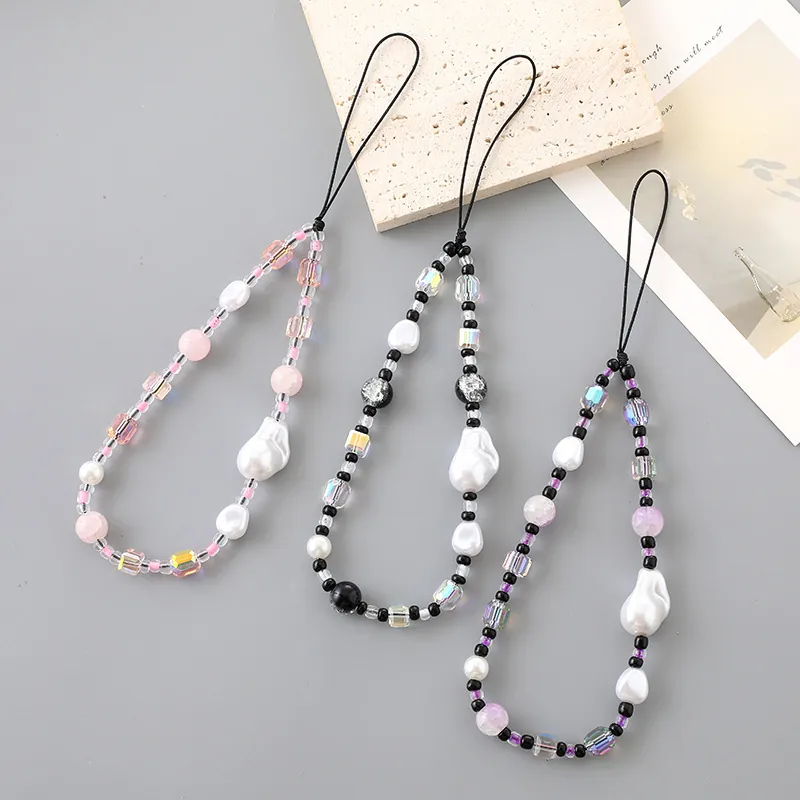 Handmade Beaded Phone Strap Fashion Faux Artificial Pearl Crystal Mobile Phone Lanyard Anti-Lost Chain For Women Bag Accessories