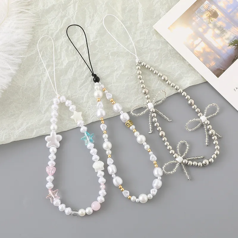 Fashion Handmade Beaded Phone Lanyard Imitation Artificial Pearl Bow Heart Star Pendant Anti-Lost Wrist Strap Bag Charm Accessories