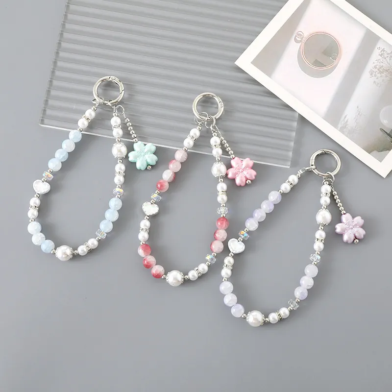 Ins Fashion Faux Artificial Pearl Heart Beaded Bag Charm Sweet Cherry Blossom Flower Phone Strap Pendant Women Bag Accessories