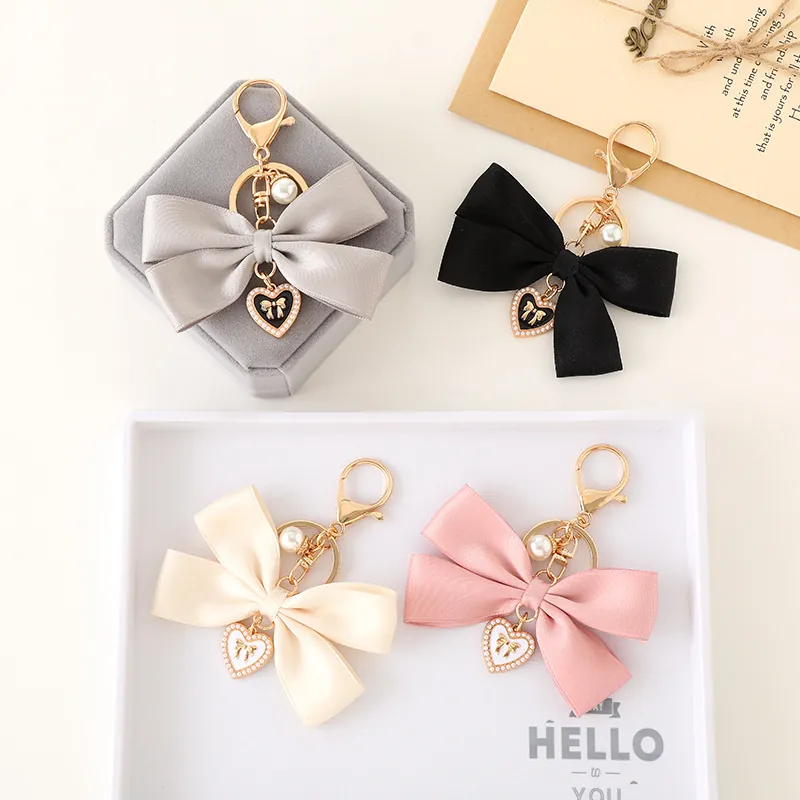 Elegant Satin Ribbon Bowknot Keychain For Women Heart Pendant Bag Charm With Imitation Artificial Pearl Sweet Fashion Accessory