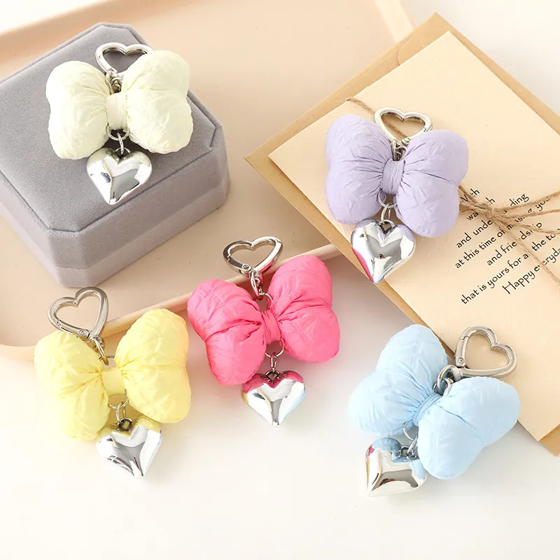 Sweet Macaron Quilted Fabric Bowknot Keychain With Shiny Metal Heart Pendant Cute Bow Bag Charm Ornament For Women Girls Gift