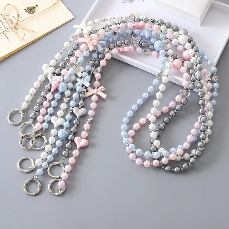 Simulated Artificial Pearl Beaded Crossbody Phone Lanyard Heart Bow Butterfly Decor Bag Keychain Strap For Women Girls Accessories