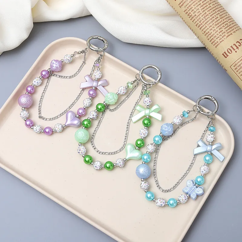 Porte-clés en Perles Nœud et Cœur en Acrylique Double Chaîne Perle Artificielle Boule de Strass Charme de Sac Cordon de Téléphone Femme
