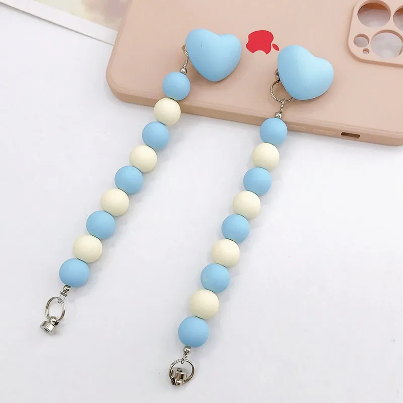 Acrylic Beaded Heart Phone Strap Cute Blue White Frosted Bead Keychain Mobile Phone Case Accessory Decorative Charm For Women