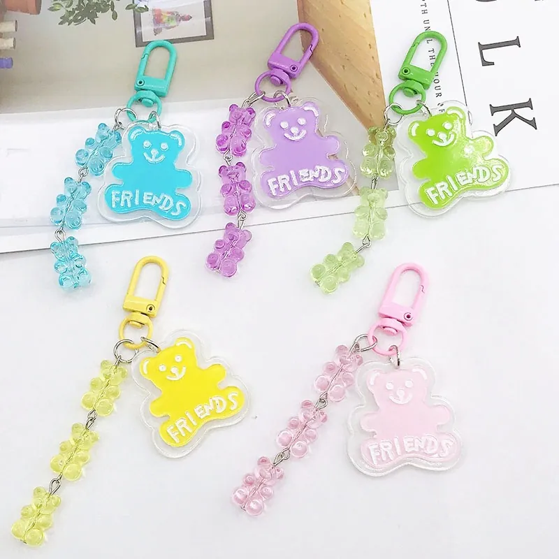 Mignon Porte-clés Ours en Résine Colorée Pendentif Ours en Acrylique Lettre Friends Décor de Sac Pour Femmes Filles Cadeau
