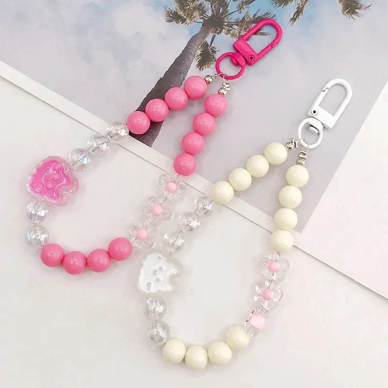 Sweet Handmade Acrylic Beaded Bunny Pendant Phone Strap Keychain For Bag Decoration Animal Pattern Cute Women Accessory