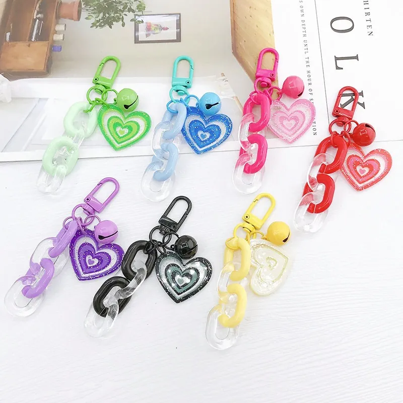 Porte-Clés Cœur Doux Cloche Coloré Acrylique Chaîne Paillettes Pendentif Sac Charme Laqué Alliage Fermoir Mousqueton Voiture Porte-Clés Bijoux Femme