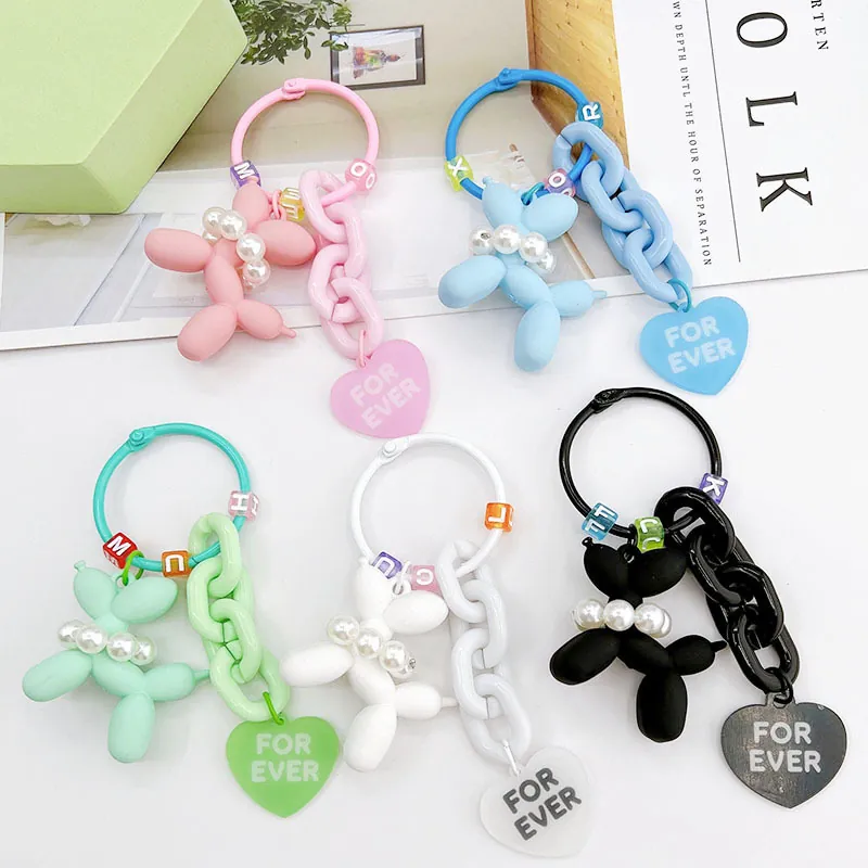 Matte Plastic Balloon Dog Keychain With Artificial Pearl Necklace Heart Pendant Colorful Letter Beads Cute Bag Charm Gift For Women