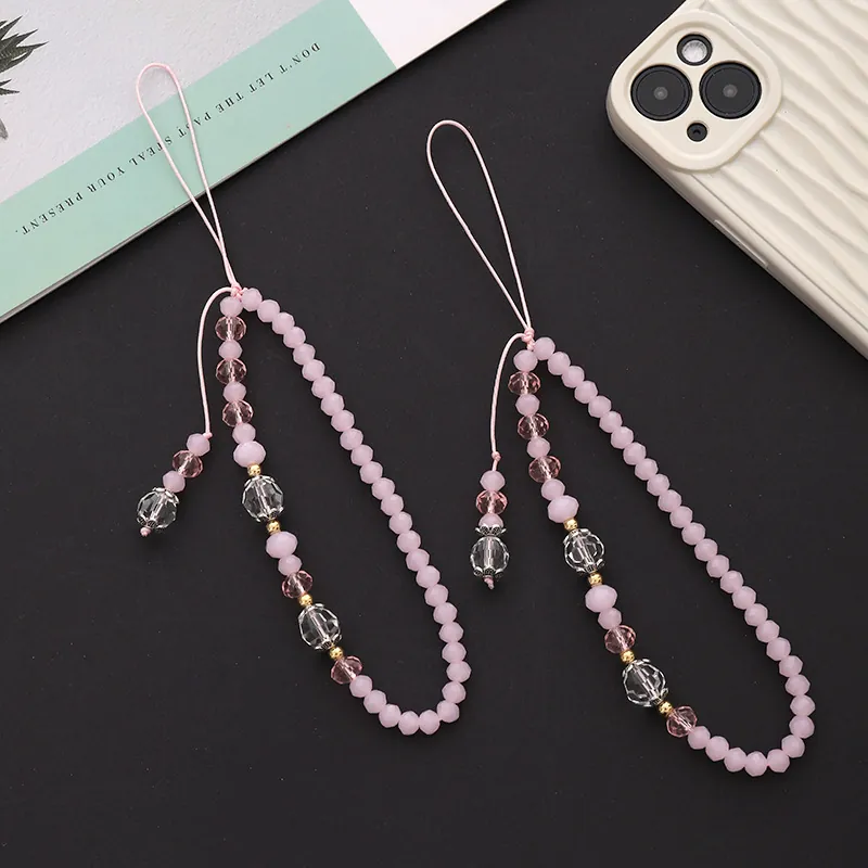 Sweet Pink Beaded Phone Lanyard Anti-Loss Wrist Strap For Women Plastic Acrylic Beads Alloy Accents Phone Accessory Gift