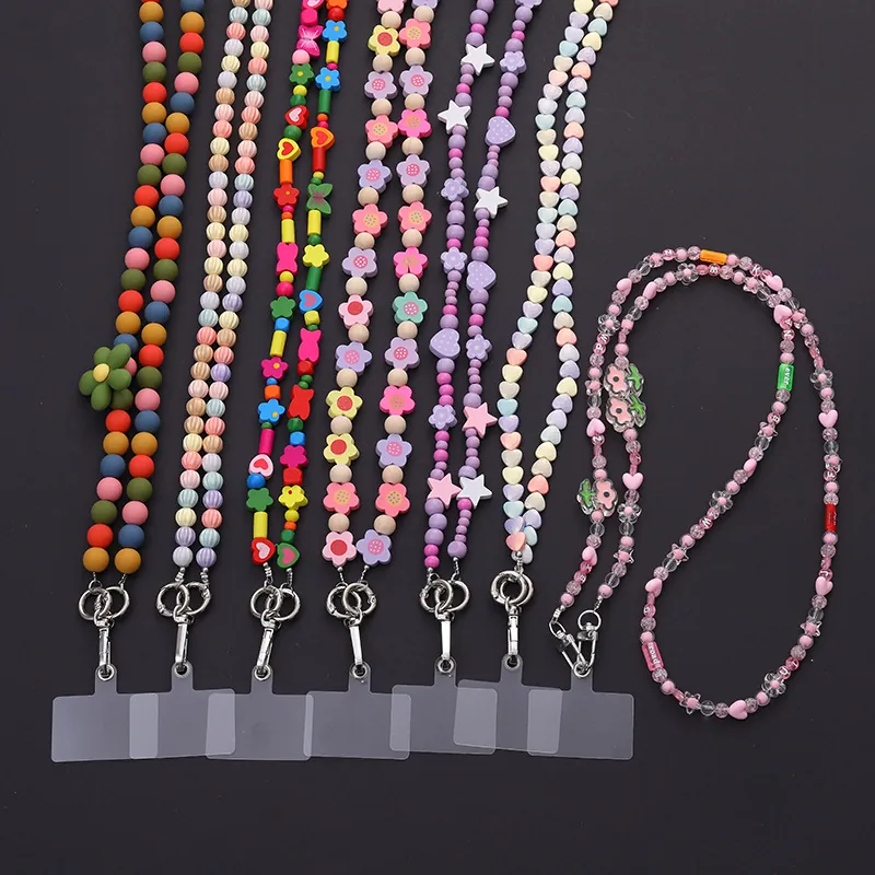 Fashion Candy Color Acrylic Beaded Phone Lanyard Crossbody Strap For Women Sweet Heart Star Flower Cell Phone Chain Accessory