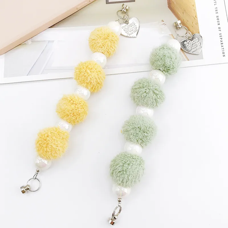 Soft Plush Ball Faux Artificial Pearl Phone Chain For Women Cute Macaron Color Heart Charm Phone Strap Bag Ornament Hanging Gift
