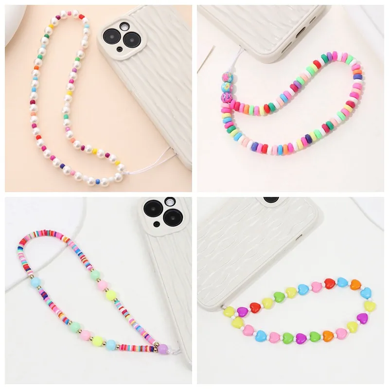 Handmade Colorful Beaded Phone Chain Heart Polymer Clay Faux Artificial Pearl Phone Lanyard For Women Anti-Lost Phone Case Charm Strap
