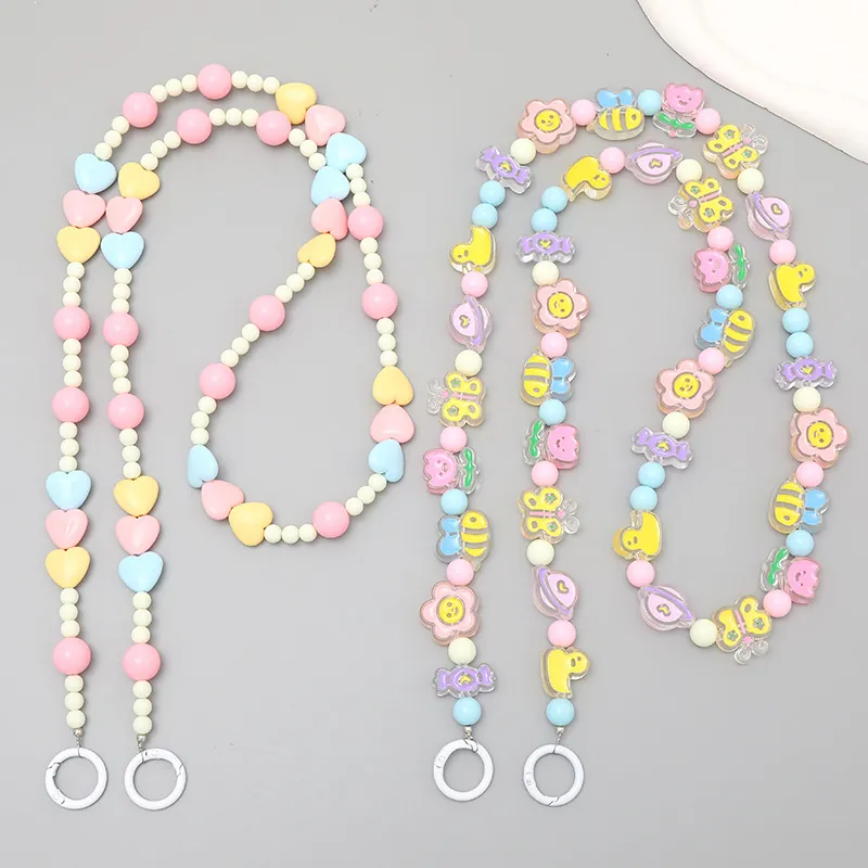 Colorful Acrylic Beaded Phone Lanyard Sweet Macaron Heart Bee Crossbody Mobile Phone Strap Anti-lost Chain For Women Jewelry