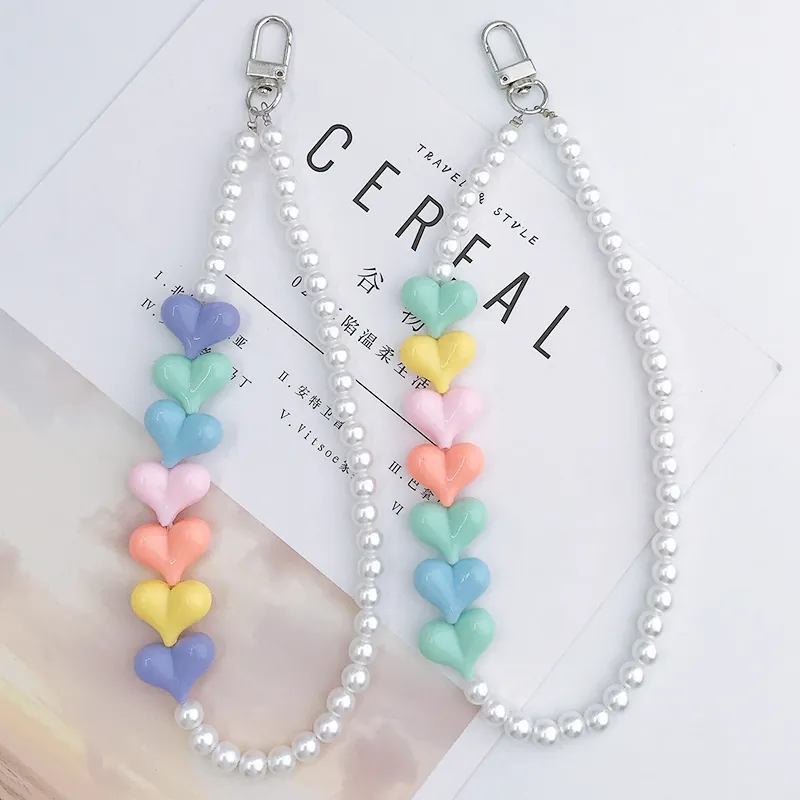 Acrylic Artificial Pearl Heart Beaded Phone Chain Bag Charm Multicolor Macaron Style Handmade Strap For Women Girls Fashion Jewelry