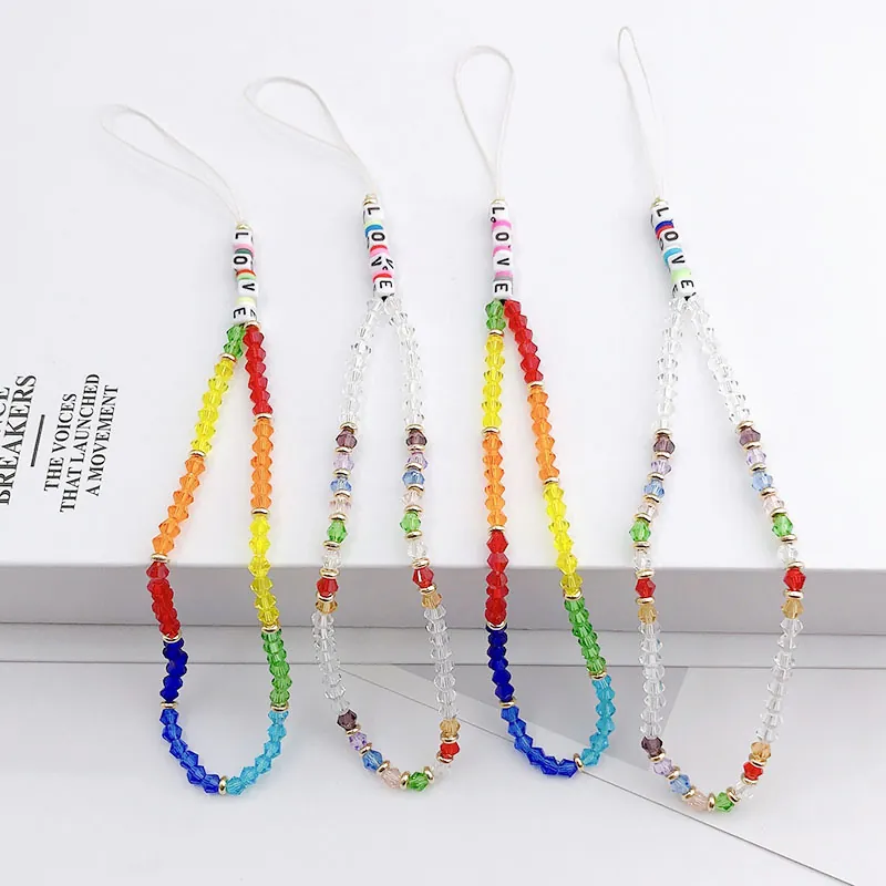 Lanière de Téléphone en Perles Colorées Fait Main Arc-en-ciel Plastique Résine Lettres LOVE Dragonne Anti-perte pour Femmes Filles Bijoux Cadeau