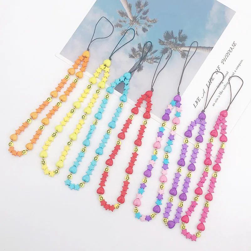 Handmade Colorful Beaded Phone Strap Star Heart Smiley Face Beads Phone Lanyard For Women Fashion Accessories Phone Case Decor