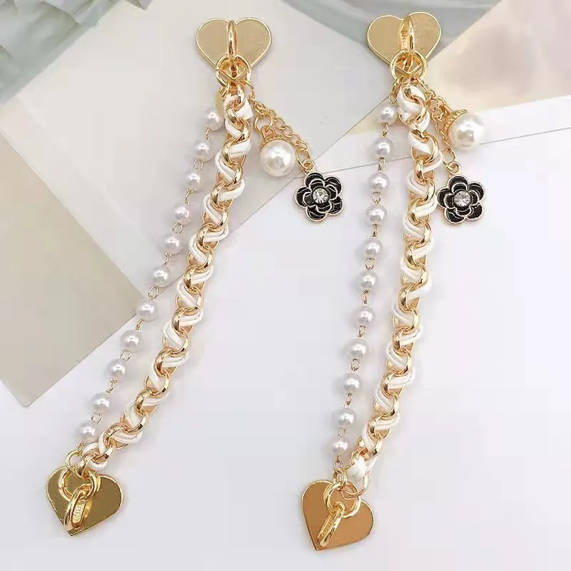 Luxury Alloy Faux Artificial Pearl Phone Strap With Heart Buckle Camellia Flower Charm Metal Leather Interwoven Chain For Women Bag Charm