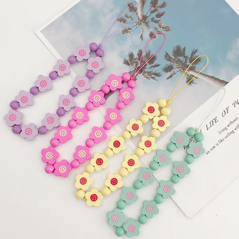 Floral Wood Bead Phone Charm Handmade Beaded Mobile Phone Strap Pastoral Style Case Lanyard For Women Girls Decoration