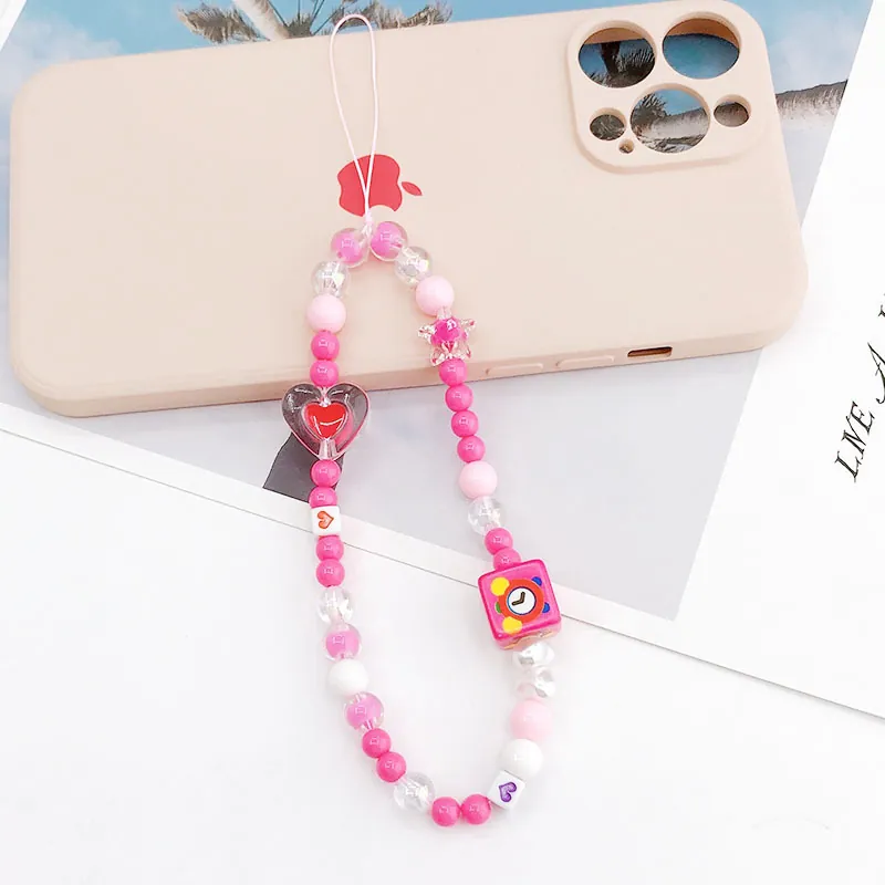Sweet Pink Heart Beaded Phone Charm Acrylic Star Alarm Clock Decoration Anti-Lost Lanyard Wrist Strap For Women Girls