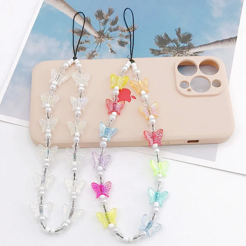 Handmade Butterfly Beaded Phone Charm Anti-Lost Lanyard Fashion Imitation Artificial Pearl Acrylic Phone Strap For Women Case Decoration
