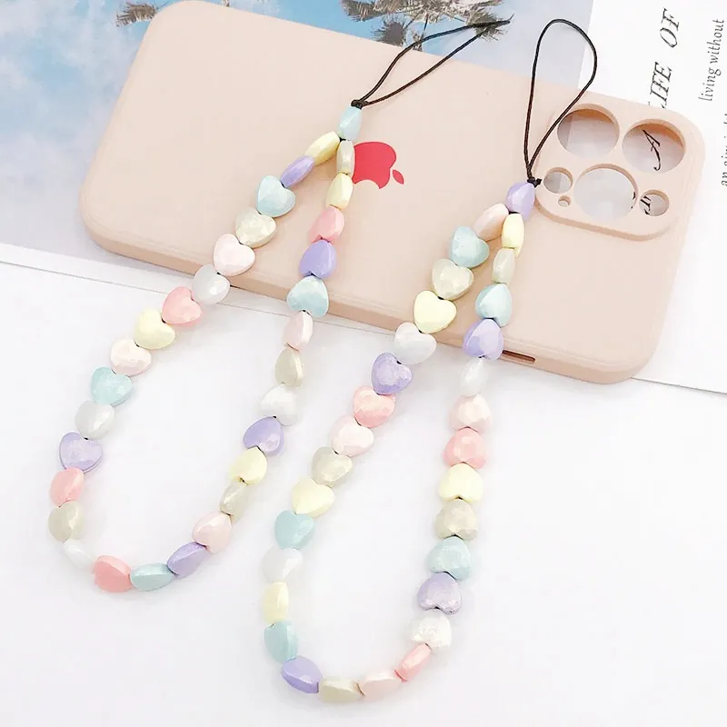 Handgemachtes Acryl Mattiertes Herz Perlen Handy-Schlüsselband Macaron Buntes Anti-Verlust Handgelenkschlaufe Handy-Kette