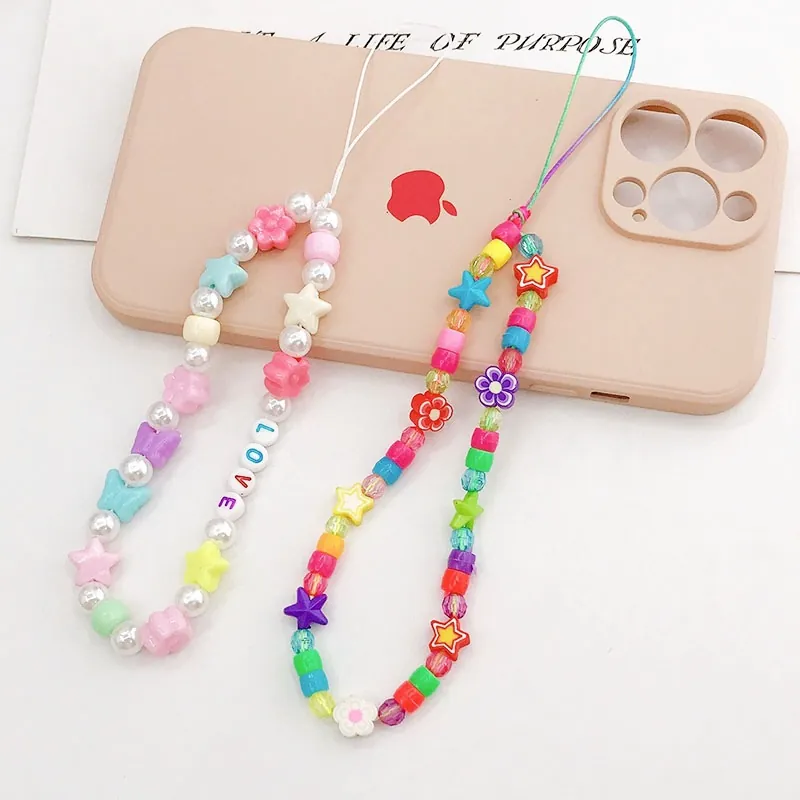 Handmade Colorful Beaded Phone Lanyard Plastic Resin Floral Butterfly Love Letter Pendant Phone Case Chain Strap For Women