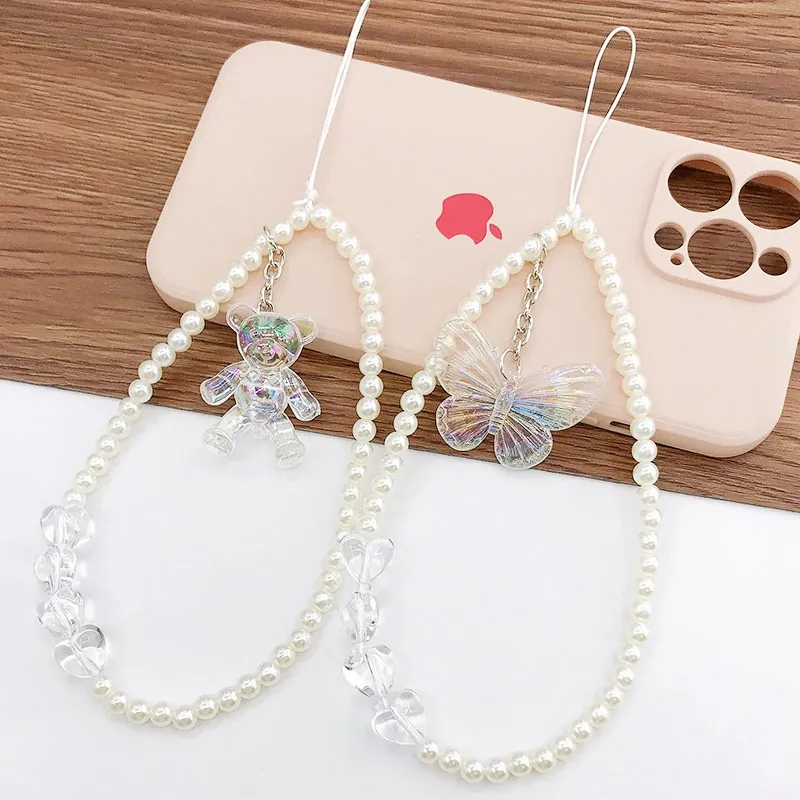 Fashion Faux Artificial Pearl Phone Strap With Holographic Bear Butterfly Pendant Sweet Heart Beads Mobile Phone Lanyard Anti-drop Wrist Chain For Women Girls