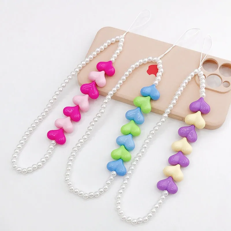 Sweet Heart Beaded Phone Strap Anti-Lost Faux Artificial Pearl Phone Chain For Women Girl Mobile Phone Case Wristlet Accessory