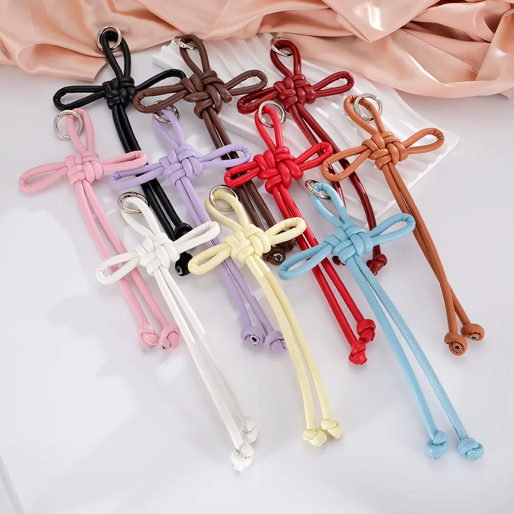 Handmade Woven Leather Chinese Knot Bag Charm Vintage Ruyi Knot Keychain For Women Girls Phone Chain Bag Hanging Accessory