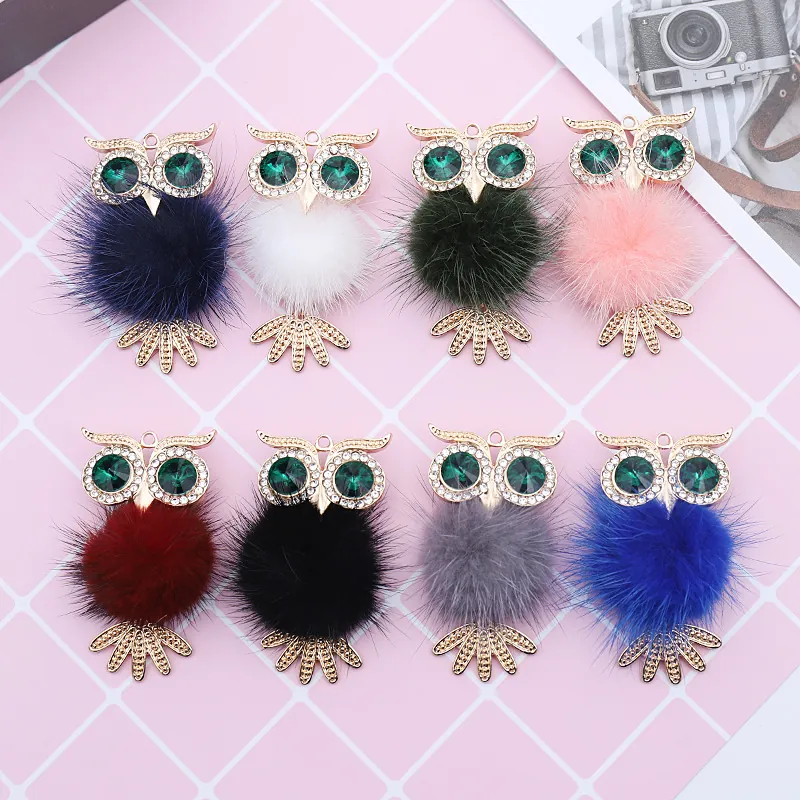Cute Rhinestone Owl Faux Fur Ball Keychain Alloy Animal Pendant Bag Charm For Women DIY Jewelry Making Key Ring Accessory
