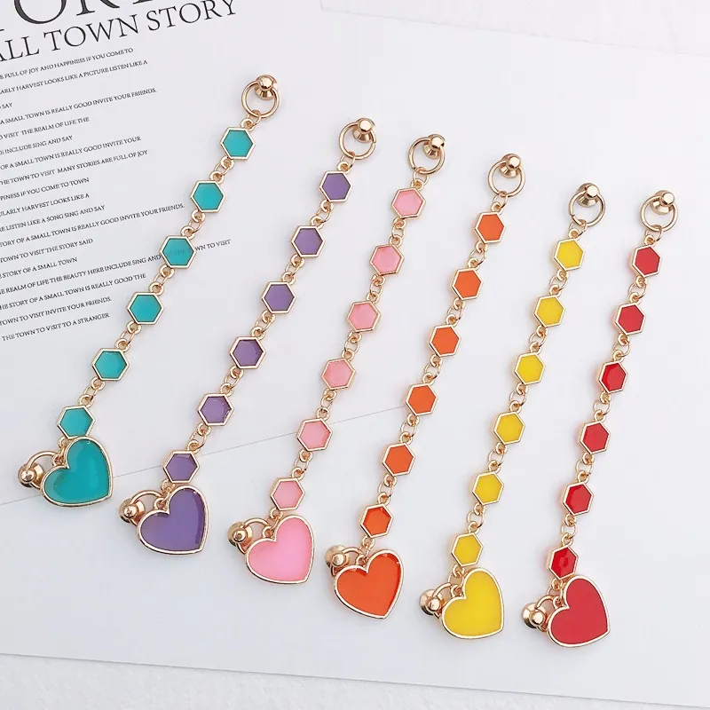 Creative Enamel Heart Phone Charm Gold Alloy Hexagon Chain Anti-Fall Mobile Strap Candy Color Keychain Accessory For Women