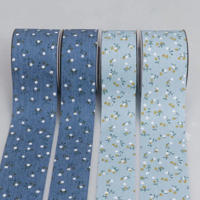 Floral Print Fabric Ribbon Blue Cotton Webbing For DIY Hair Bows Gift Wrapping Wedding Party Home Decoration Crafts