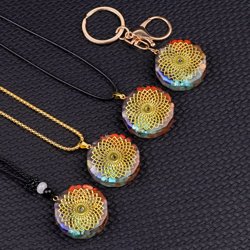 Collier Pendentif Chakra en Résine de Pierre Naturelle Porte-clés Mandala Géométrie Sacrée Bijoux en Cristal de Guérison Femmes Hommes
