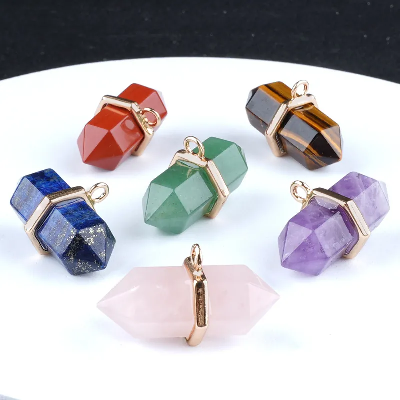 Colgante de Columna Hexagonal de Cristal Natural Ágata Doble Punta para Collar DIY Fabricación de Joyas Charms Mujer