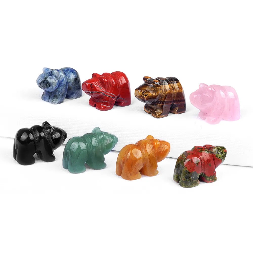 Hand Carved Bear Animal Figurine Natural Crystal Agate Gemstone Desk Ornament Home Office Table Decor Healing Stone Statue