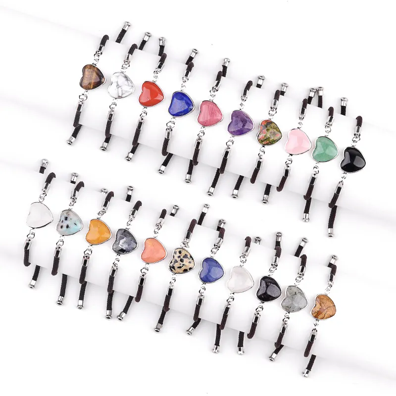 Naturstein Herz Anhänger Gewebtes Armband Verstellbares Geflochtenes Seil Heilender Kristall Quarz Herzförmiges Schnurarmband Schmuck Für Damen Herren